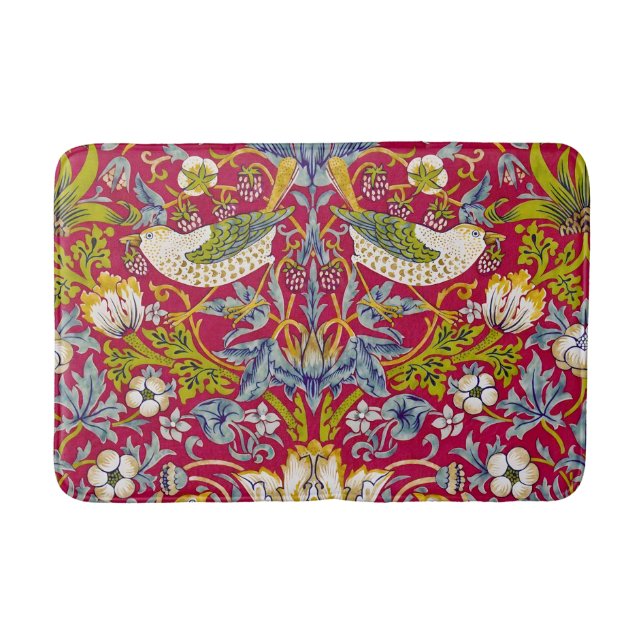 Morris Red Background Strawberry Thief Pattern Bath Mat (Front)