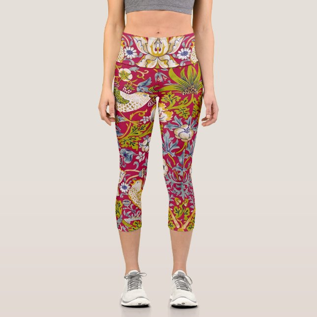 Morris Red Background Strawberry Thief Pattern Capri Leggings (Front)