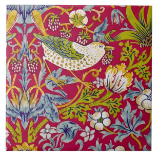 Morris Red Background Strawberry Thief Pattern Ceramic Tile