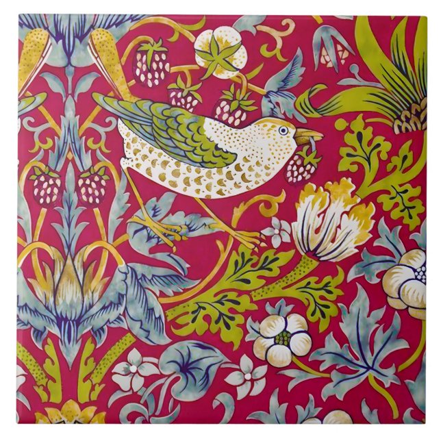 Morris Red Background Strawberry Thief Pattern Ceramic Tile (Front)
