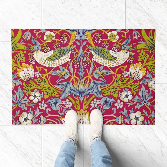 Morris Red Background Strawberry Thief Pattern Doormat (Indoor)