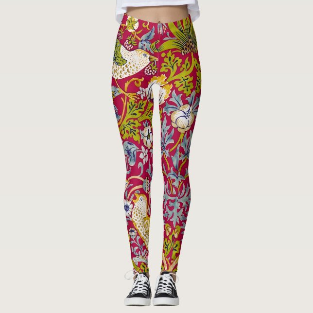 Morris Red Background Strawberry Thief Pattern Leggings (Front)