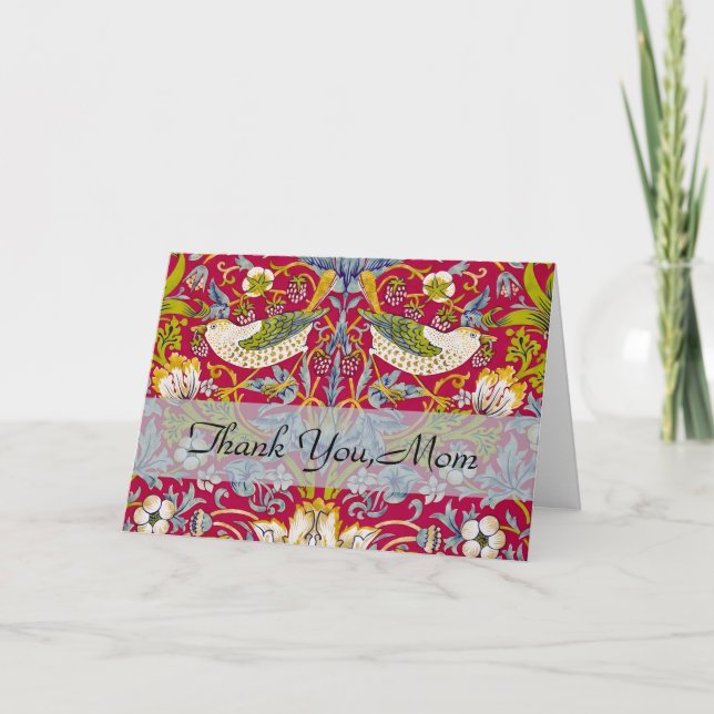 Morris Red Background Strawberry Thief Pattern Letterpress Thank You Card (Front)