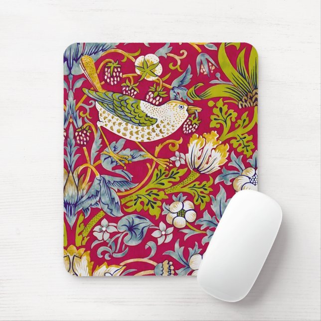 Morris Red Background Strawberry Thief Pattern Mouse Pad (With Mouse)