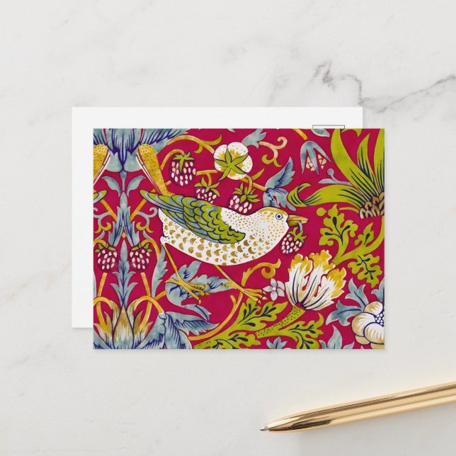 Morris Red Background Strawberry Thief Pattern Postcard (Front/Back In Situ)