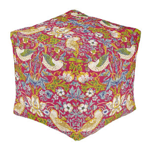 Morris Red Background Strawberry Thief Pattern Pouf