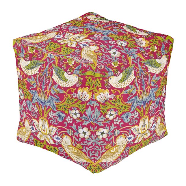 Morris Red Background Strawberry Thief Pattern Pouf (Angled Front)