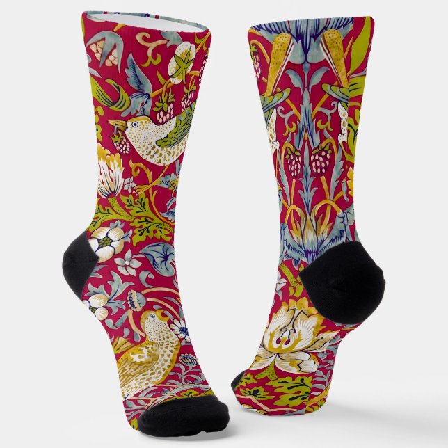 Morris Red Background Strawberry Thief Pattern Socks (Angled)