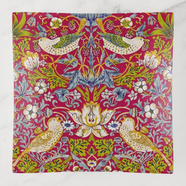 Morris Red Background Strawberry Thief Pattern Trinket Tray (Front)