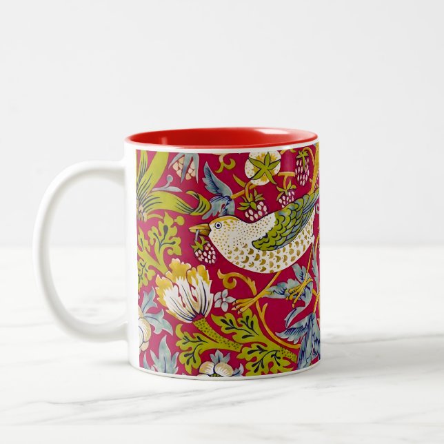 Morris Red Background Strawberry Thief Pattern Two-Tone Coffee Mug (Left)