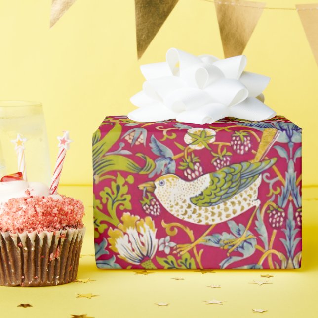 Morris Red Background Strawberry Thief Pattern Wrapping Paper (Birthday Party)