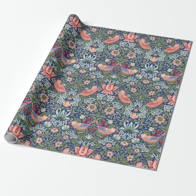 Morris Strawberry Thief Floral Pattern Blue Green Wrapping Paper (Unrolled)