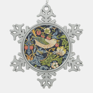 Morris Strawberry Thief Navy Blue Vintage Fine Art Snowflake Pewter Christmas Ornament
