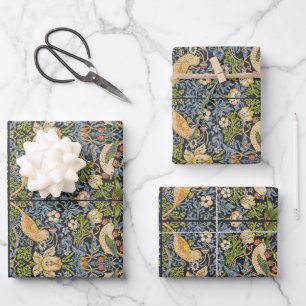 Morris Strawberry Thief Navy Blue Vintage Fine Art Wrapping Paper Sheets