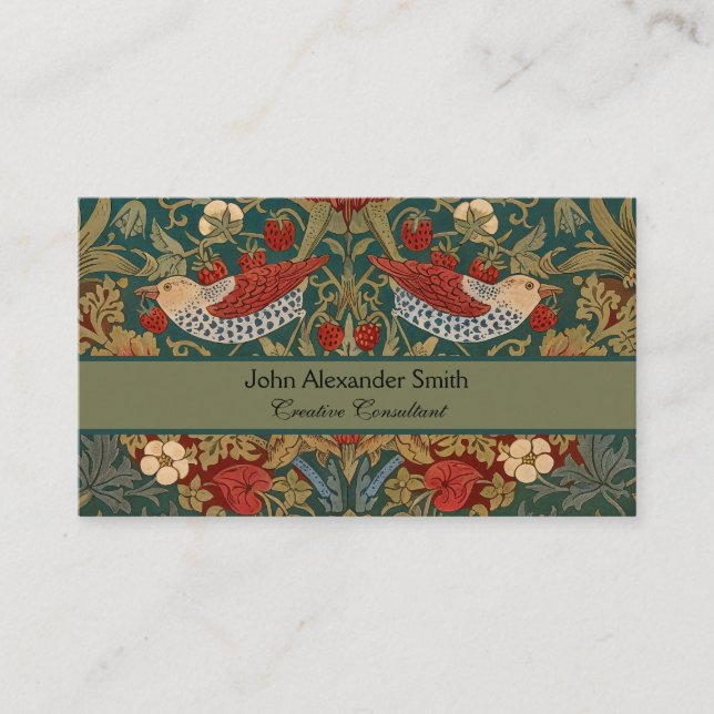 Morris Strawberry Thief Teal Green Red Floral Art Business Card (Front)