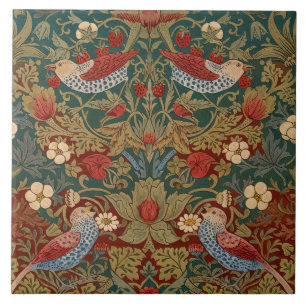 Morris Strawberry Thief Teal Green Red Floral Art Ceramic Tile