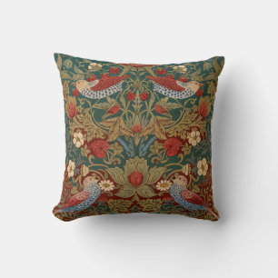 Morris Strawberry Thief Teal Green Red Floral Art Throw Pillow