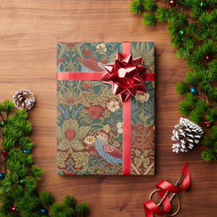 Morris Strawberry Thief Teal Green Red Floral Art Wrapping Paper