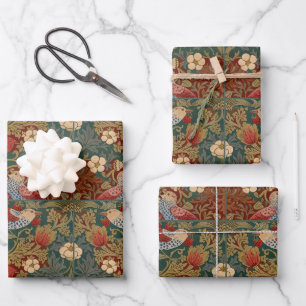 Morris Strawberry Thief Teal Green Red Floral Art Wrapping Paper Sheets