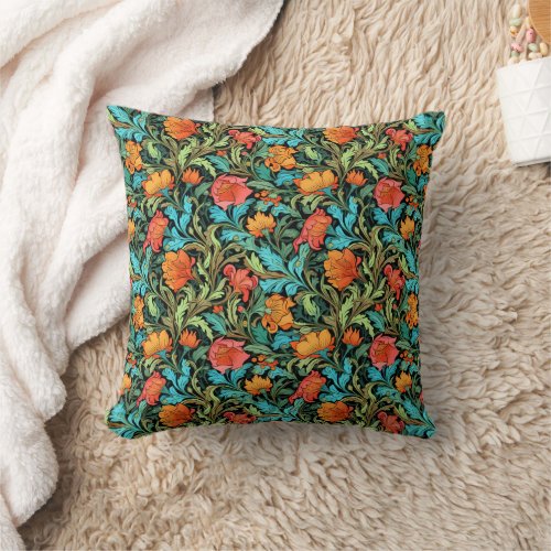 Morris style colorful vibrant vintage flowers chic throw pillow