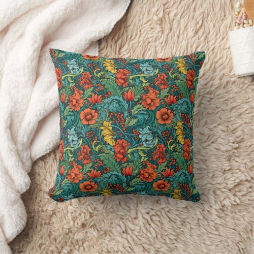Morris style inspired colorful blooming flowers throw pillow