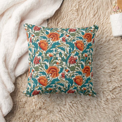 Morris style inspired vibrant vintage flowers chic throw pillow