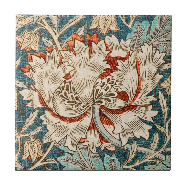 Morris Teal Blue Honeysuckle Floral Wallpaper Ceramic Tile (Front)