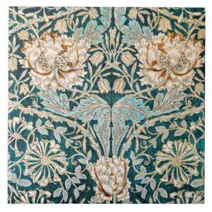 Morris Teal Blue Honeysuckle Floral Wallpaper Ceramic Tile