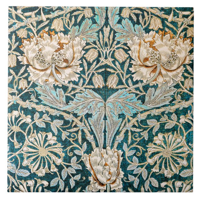 Morris Teal Blue Honeysuckle Floral Wallpaper Ceramic Tile (Front)