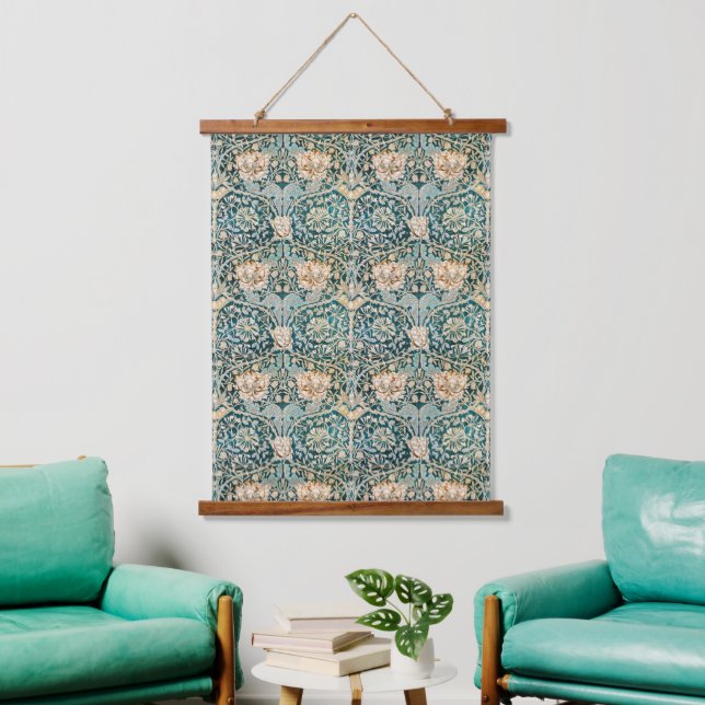 Morris Teal Blue Honeysuckle Floral Wallpaper Hanging Tapestry (Living Room)