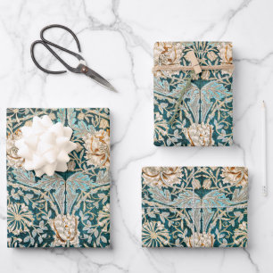 Morris Teal Blue Honeysuckle Floral Wallpaper Wrapping Paper Sheets