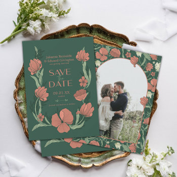 Morris Terracotta & Green Floral Photo Save The Date by TheSpottedOlive at Zazzle