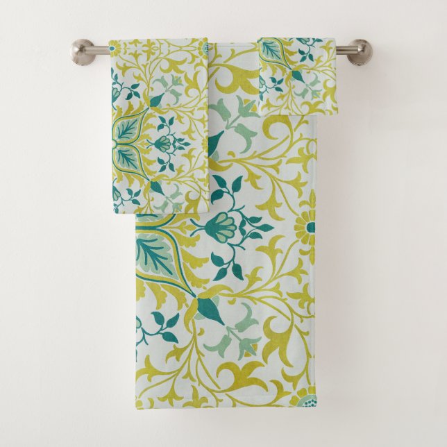 Morris Yellow Turquoise Vine & Flower Pattern Bath Towel Set (Insitu)