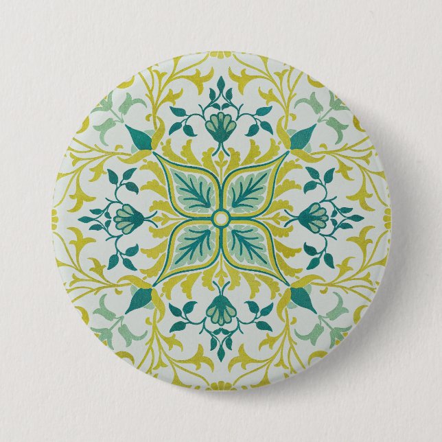Morris Yellow Turquoise Vine & Flower Pattern Button (Front)
