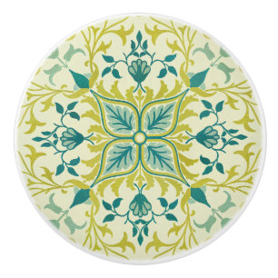 Morris Yellow Turquoise Vine & Flower Pattern Ceramic Knob