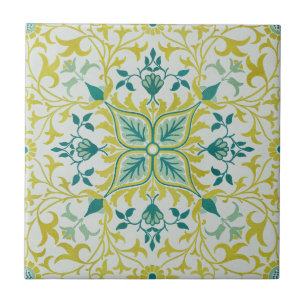 Morris Yellow Turquoise Vine & Flower Pattern Ceramic Tile