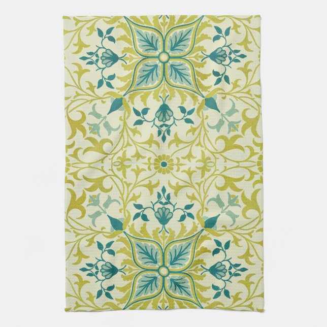 Morris Yellow Turquoise Vine & Flower Pattern Kitchen Towel (Vertical)