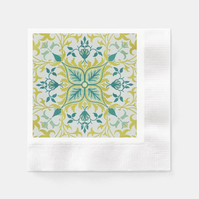 Morris Yellow Turquoise Vine & Flower Pattern Napkins (Front)