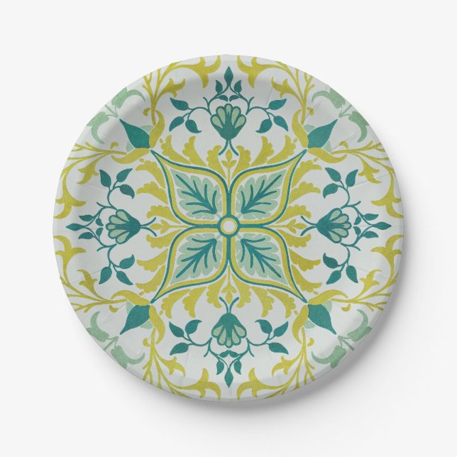 Morris Yellow Turquoise Vine & Flower Pattern Paper Plates (Front)