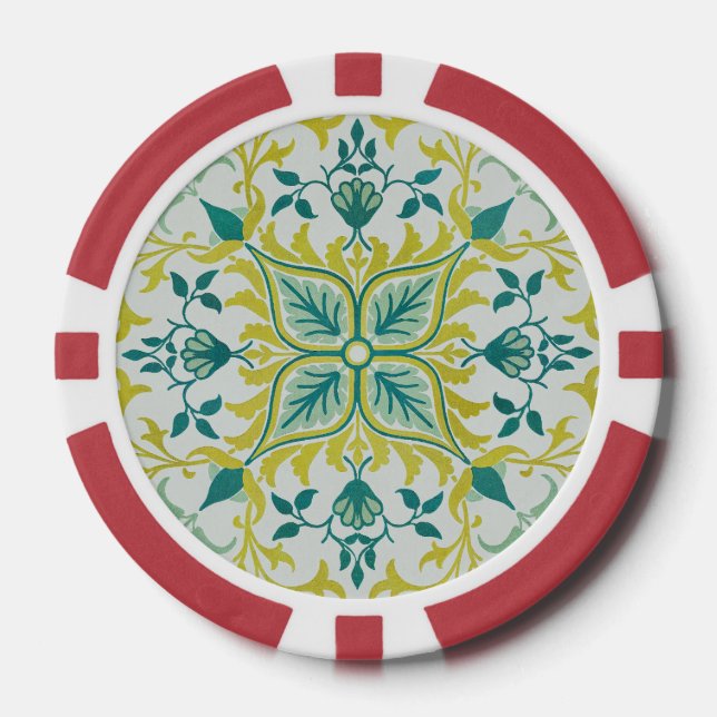 Morris Yellow Turquoise Vine & Flower Pattern Poker Chips (Front)