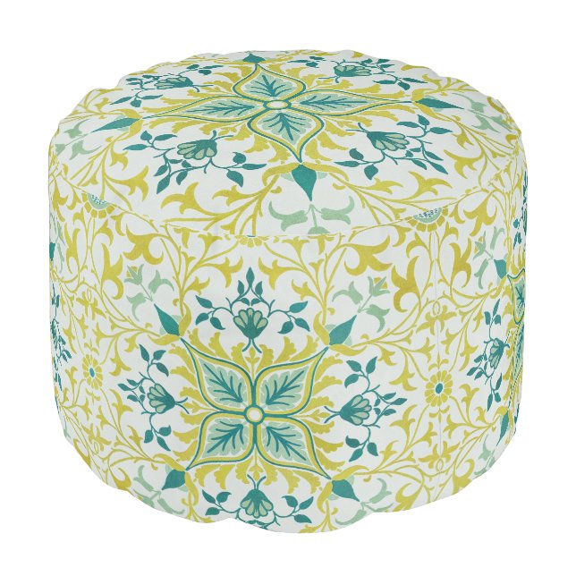 Morris Yellow Turquoise Vine & Flower Pattern Pouf (Angled Front)