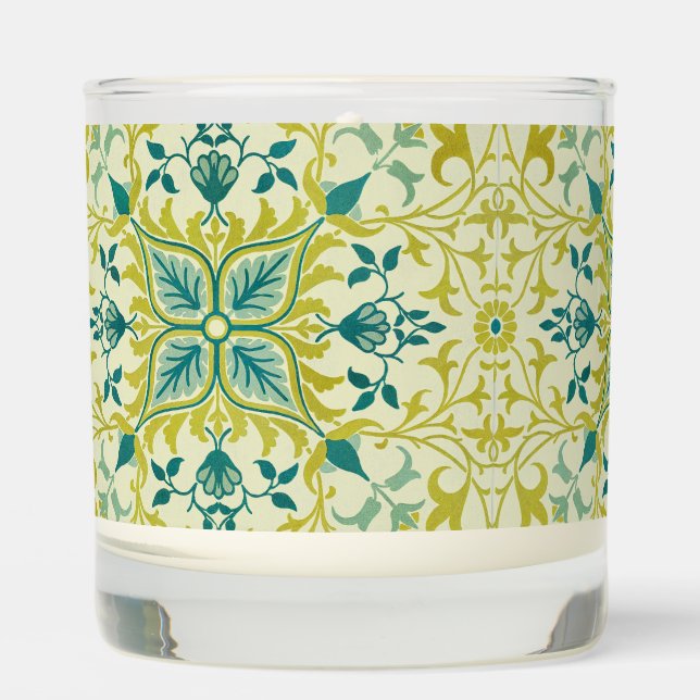 Morris Yellow Turquoise Vine & Flower Pattern Scented Candle (Front)
