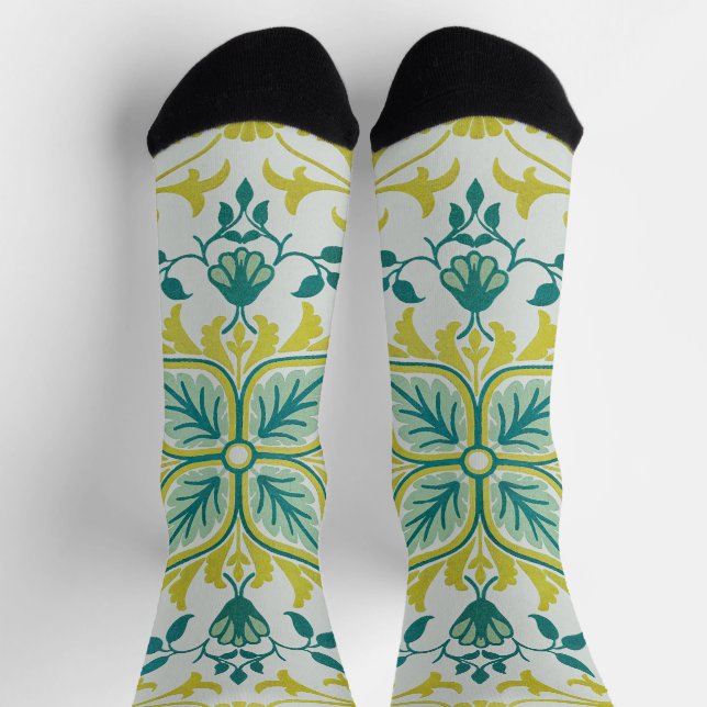 Morris Yellow Turquoise Vine & Flower Pattern Socks (Top)