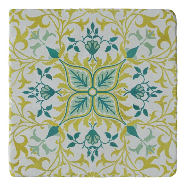 Morris Yellow Turquoise Vine & Flower Pattern Trivet (Front)