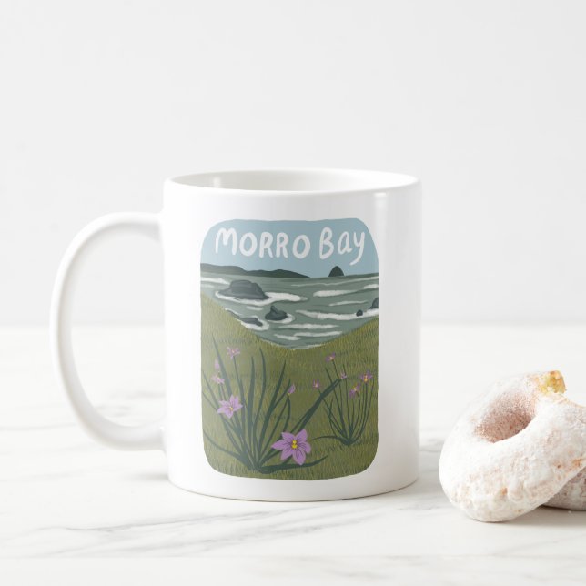 Morro Bay Central California Illustration Beach Coffee Mug (With Donut)
