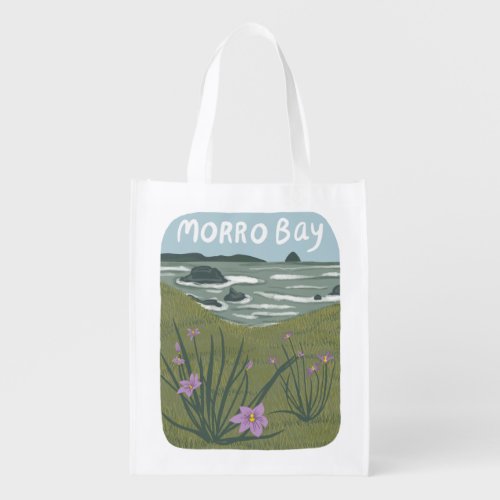 Morro Bay Central California Illustration Beach Grocery Bag