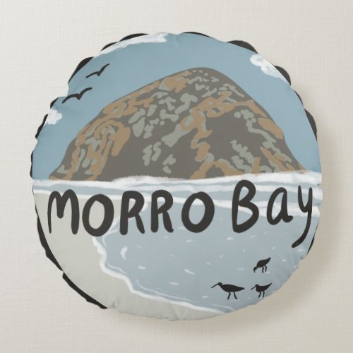 Morro Bay Central California Illustration Beach  Round Pillow
