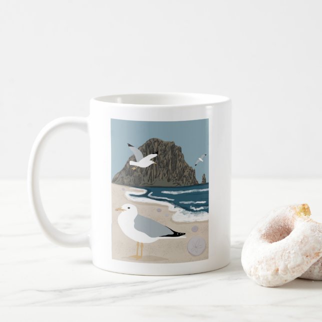 Morro Rock Central California Illustration Seagull Coffee Mug (With Donut)