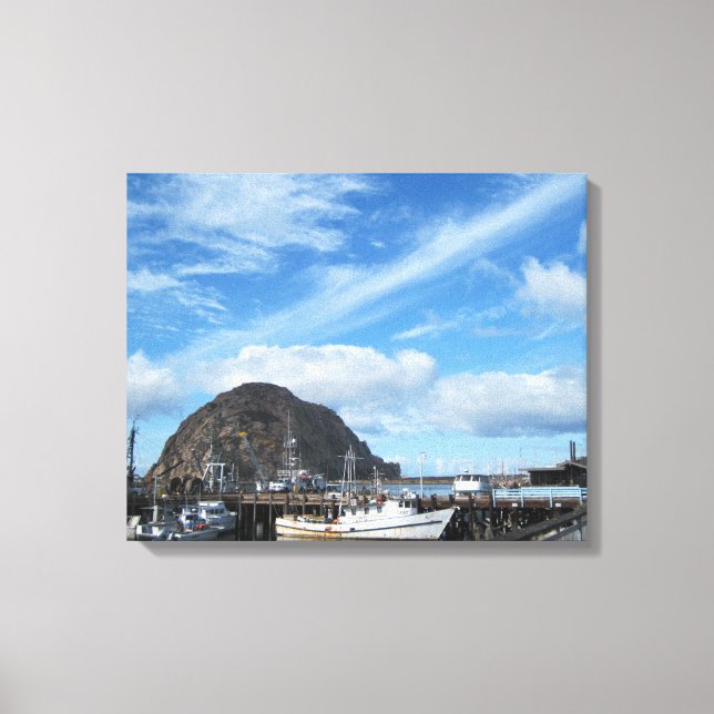 Morro Rock, Fishing Boats and the Embarcadero Canvas Print (Front)