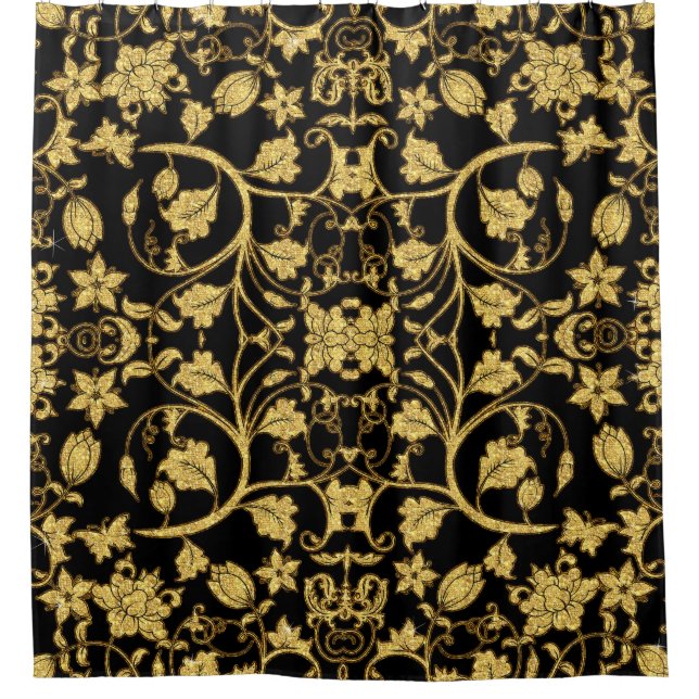 Morroccan Decor Floral Vine Black Gold Pattern Shower Curtain (Front)